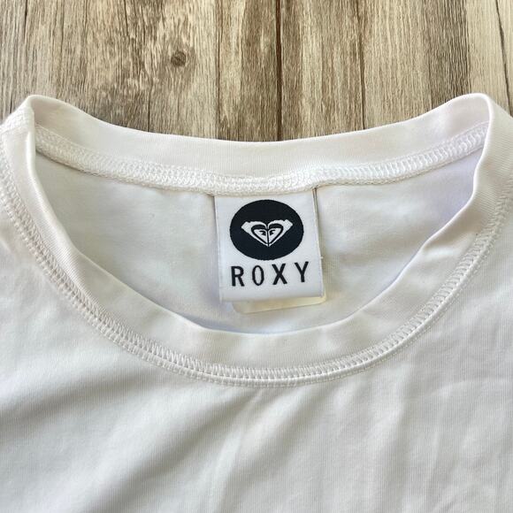 Roxy Women’s Swim Rash Guard Top White Pink Logo Size 6 Short Sleeve Surf Shirt - Picture 6 of 7